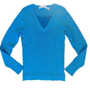 Soft Surroundings Aqua Blue Lace Inset V-Neck Sweater Size XSP